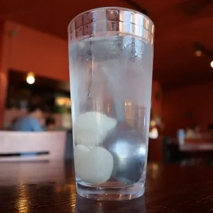 a glass of water with ice