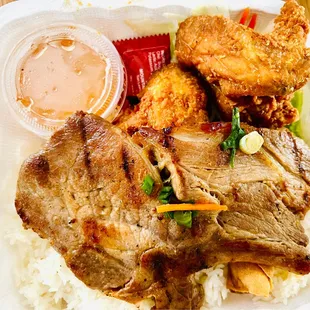 Combo rice to go. Comes with 2 wings, egg roll and grilled pork over jasmine rice.