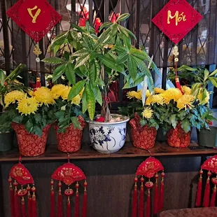 a display of flowers and decorations