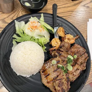 R7. Grilled Pork and Shrimp over Rice Plate