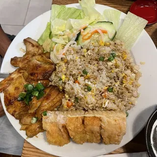 R14. Grilled Chicken and Shrimp Cake over Rice Plate