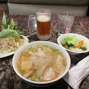 Small Chicken Pho with side of veggies and an IPA