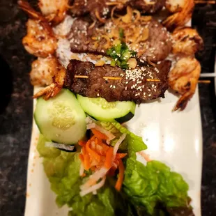 Beef and shrimp skewers