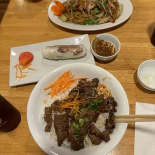 Grilled Beef on Vermicelli (number 35) Grilled Chicken Summer Roll, and Fried Rice Noodles with Meat Cimbo