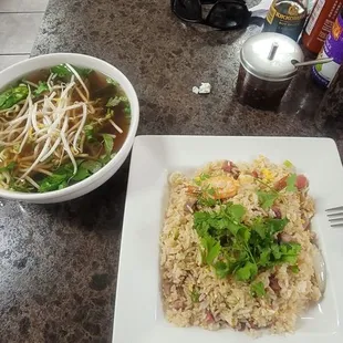 This is the amazing combonation !!! Bbq pork and shrimp fried rice with larga Pho broth on the side