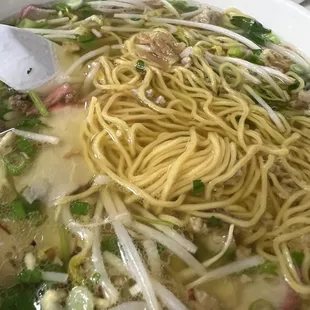 Bbq pork with egg noodles soup