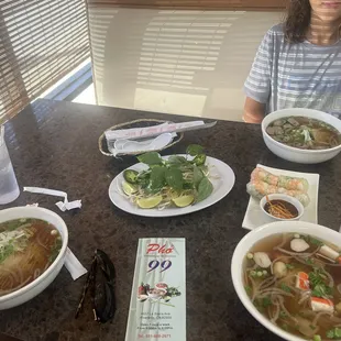 Good pho , Pho Do bien seafood, pho ga chicken,  Pho bo bien tai beef and meatballs; and Cha Giao spring rolls