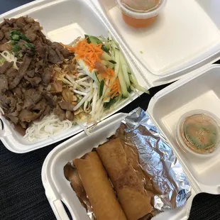 Vermicelli with grilled pork , egg rolls