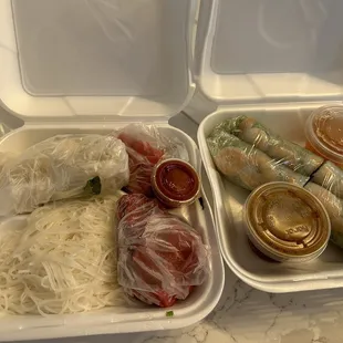 Pho with rare steak and spring rolls with shrimp