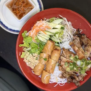 Bun Vermicelli with Grilled Pork and fried egg rolls