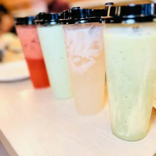 Tropical nectar fruit tea, avocado angel, lychee lemon soda and matcha crème brûlée