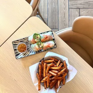 Sweet Potato Fries and Lobster Spring Rolls