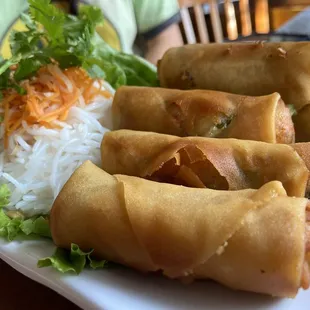 a plate of fried spring rolls