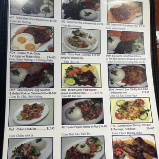 a menu for a variety of dishes