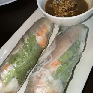 Pork and Shrimp Spring Rolls with Peanut Sauce.