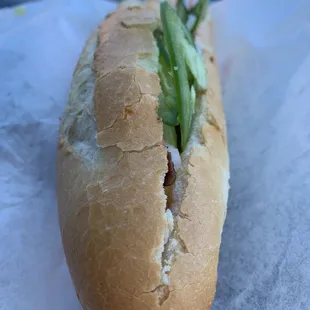 a long sandwich with lettuce and onions