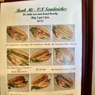 Banh mi menu