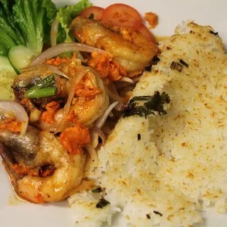 C22. Sauced Prawns Crispy Rice Plate