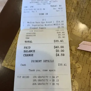 Bill for 2 - including cash discount and automatic gratuity.