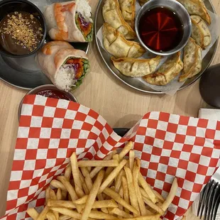 Fries, ham &amp; shrimp roll, and gyoza