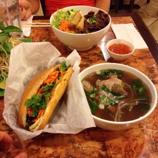 Vermicelli, regular pho bowl with combination meat and a bahn mi sandwich! Delicious!