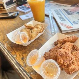 Crab Rangoon and fried chicken