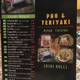 menu for sushi rolls