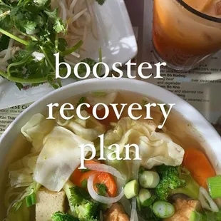 Veggie pho and Thai iced tea