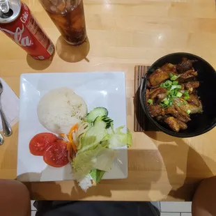 Carmalized pork rib tip with rice and salad. #38 on the menu.