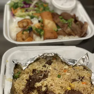 65A. Combo Grilled Pork, Grilled Shrimp and Eggroll with Rice Dish. Beef fried rice