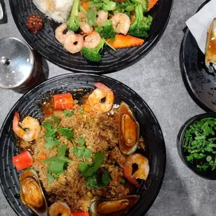 Shrimp broccoli and rice plate and the new Cajun fried rice plate.