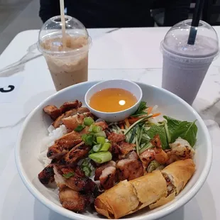 Taro smoothie, Vietnamese iced coffee and grilled chicken over vermicelli.