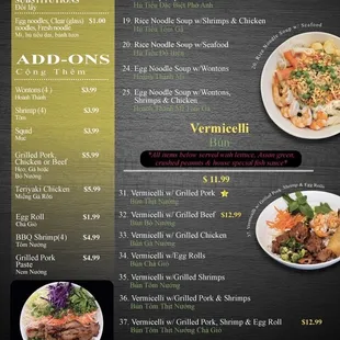 Specialty Soup w/ Rice egg noodle and Vermicelli Menu from website - 9/28/21