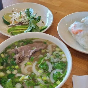 Beef pho with spring rolls