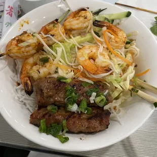 Grilled Pork. Shrimp on Vermicelli noodles.