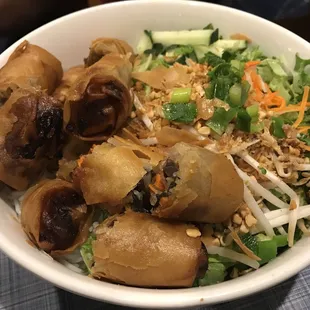 Egg rolls and noodle bowl