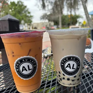 Thai tea and vanilla chai with boba