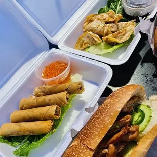 Veggie Egg Rolls, Chicken Potstickers, and Chicken Bành Mí