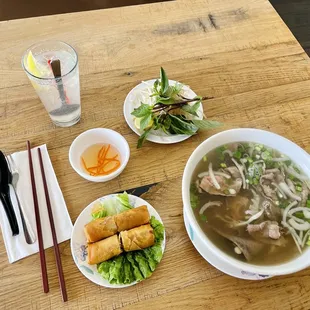 Pho Dac Biet Combo #11 - no meatballs - half noodle  A1. Deep fried egg rolls  Soda Chanh - ask for half sugar