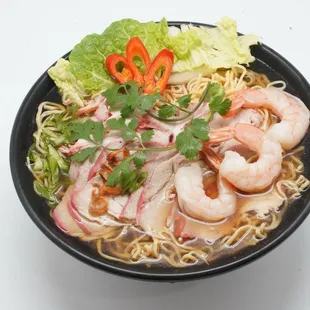Egg noodle soup with char siu pork and shrimp