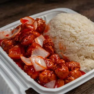 Sweet and sour chicken with rice