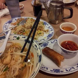 Best egg rolls ever! With a large order of Pho (#13 Chicken) split between us family style and an order of Chicken Fried Rice.