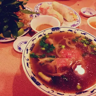 Pho Tai and Spring Rolls.