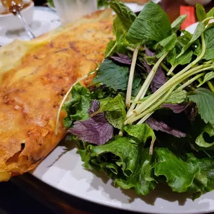 Vietnamese crepe, close up of the greens