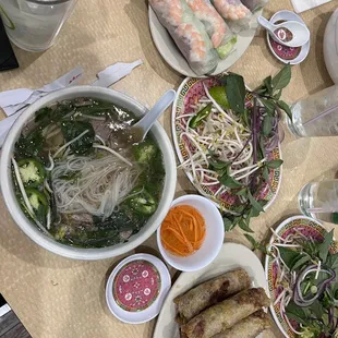 Brisket pho.  Spring rolls.  Egg rolls.