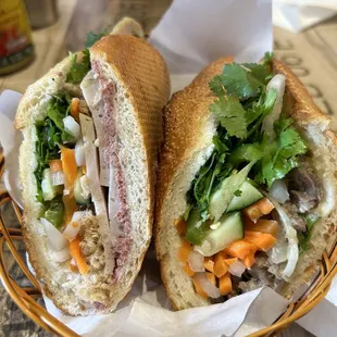 Left is #28 Pate, Pork Roll, Shredded Pork Banh Mi  Right is #26 Lemongrass Beef Banh Mi