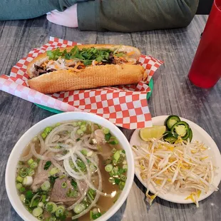 Small well done brisket and tendon pho, beef Bahn mi. Pho didn't come with basil for some reason this time.