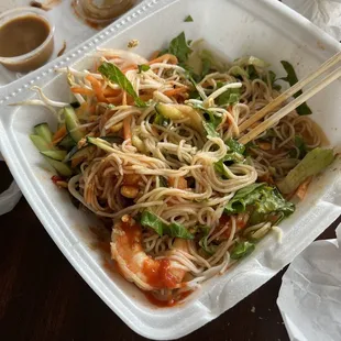 Shrimp vermicelli-- The amount leftover after lunch! Be sure to order extra egg rolls to heat up and put on it later