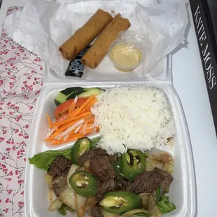 Shaken beef and egg rolls