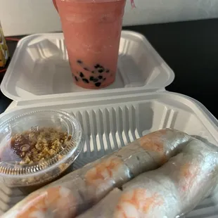 Fresh rolls and watermelon drink with pearls